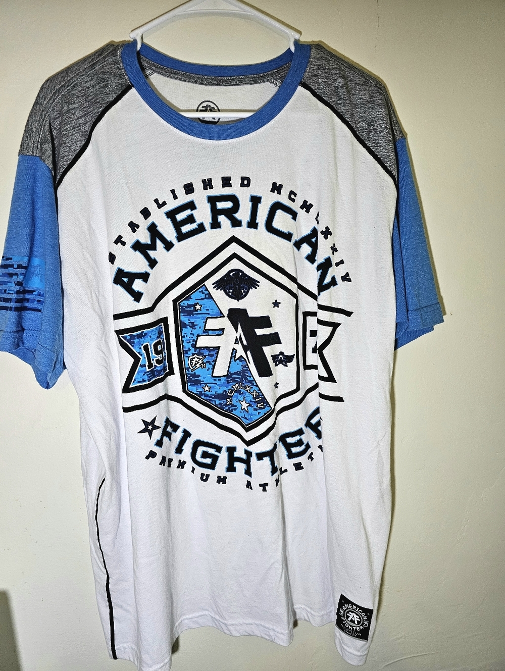 Men's American Fighter White/Blue T Shirt MMA Fight Wear Dbl Sided Size XXL 2XL